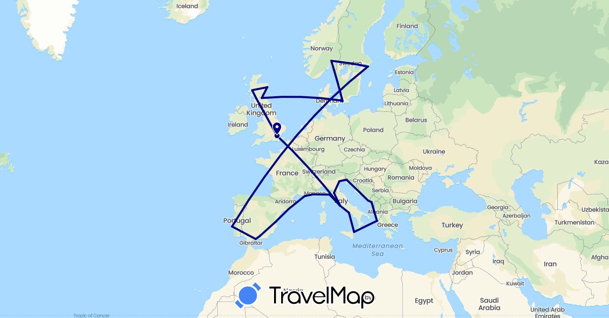 TravelMap itinerary: driving in Denmark, Spain, France, United Kingdom, Greece, Croatia, Italy, Montenegro, Norway, Portugal, Sweden (Europe)